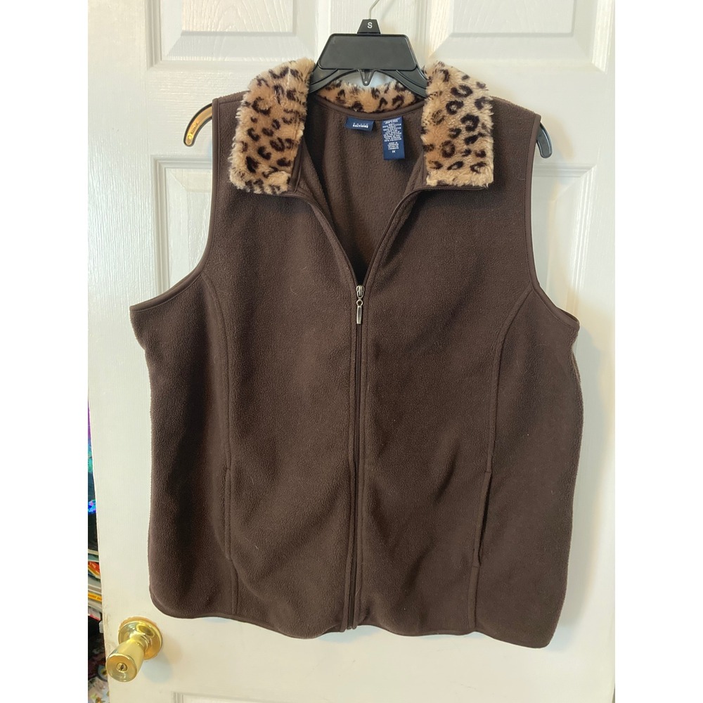 Basic Editions Brown Fleece Vest Leopard Faux Fur Collar Zip Up Womens 1X